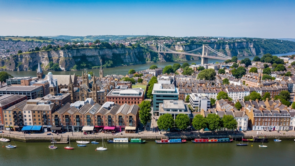 Aerial drone view of Bristol city centre showing Harbourside and surrounding residential neighbourhoods