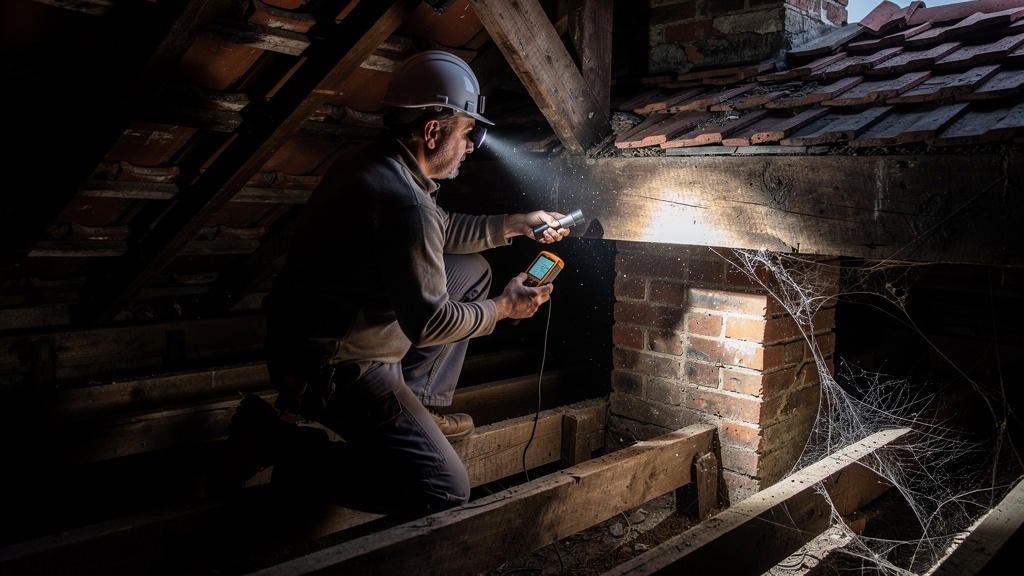Surveyor inspecting roof and loft space of an old Victorian house with a torch