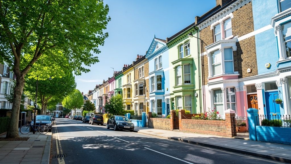 Victorian terraced houses in Bristol Southville with colourful facades on a sunny day
