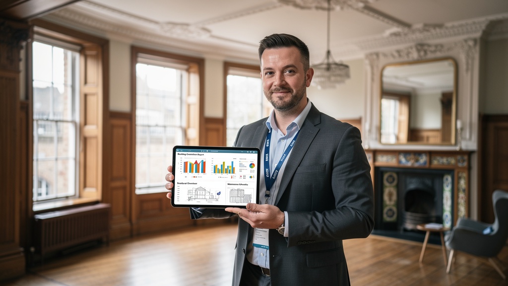 Surveyor using a tablet to review a homebuyer report in a period Bristol property