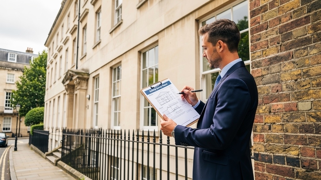 RICS surveyor in Bristol inspecting a Georgian townhouse, clipboard in hand, bright natural lighting